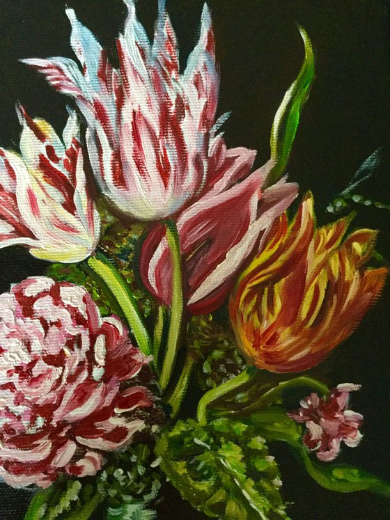 Flowers in a vase . Dutch style painting. Tulips, roses, dragonfly.