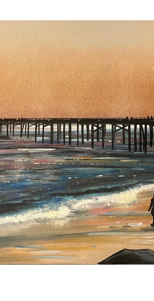 Malibu Beach Pier -  original  on canvas board by John Curtis