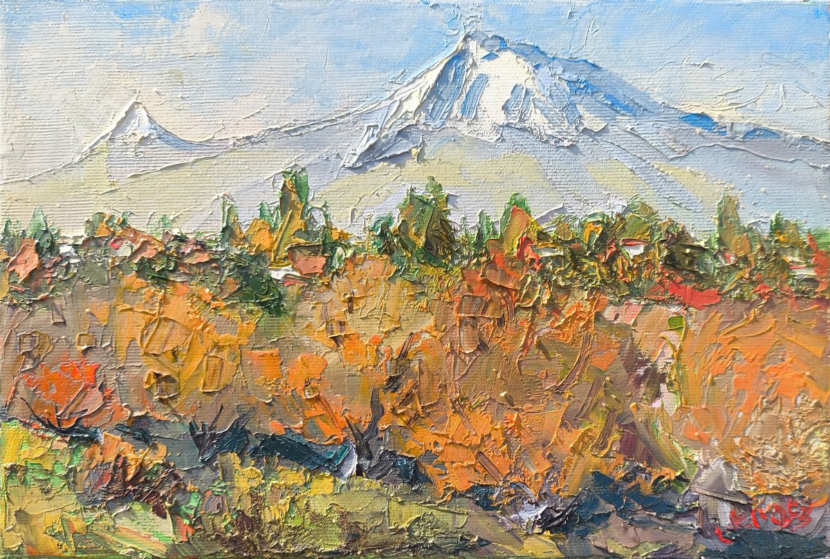 Impressionistic Landscape Oil Painting By Narine Vardanyan, 12 X 8", Ararat In Autumn Light, Original Artwork