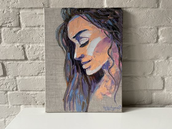 "Close your eyes". Portrait of a woman. Girl. Oil painting