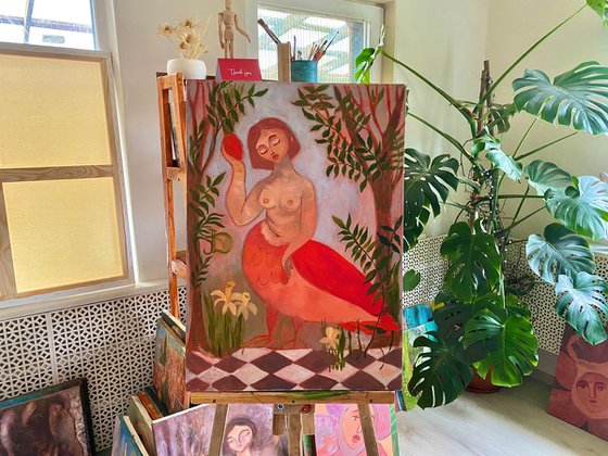 Sirens Art Modern Woman Nude, Bird Woman, canvas, oil - Garden guards 63x90 cm