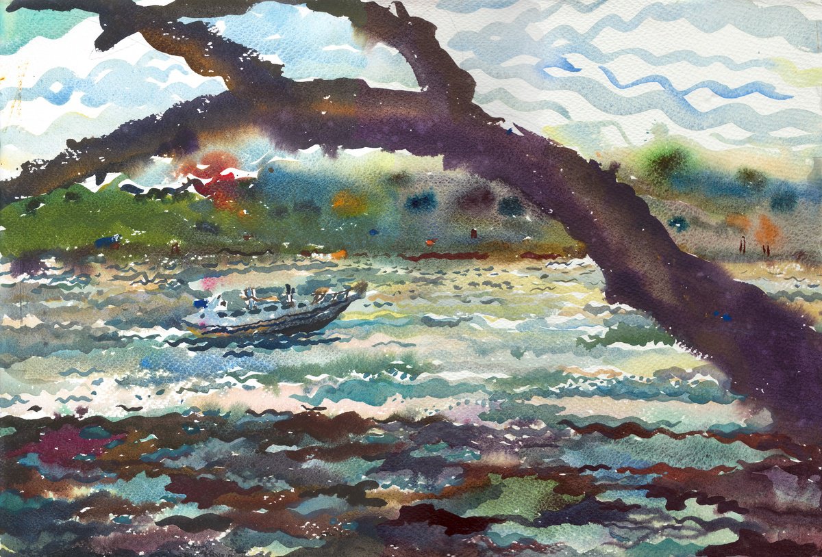 Impressionistic Landscape Watercolour By Tanbelia, 22 X 15", Gamat Bay Beach, Original Artwork