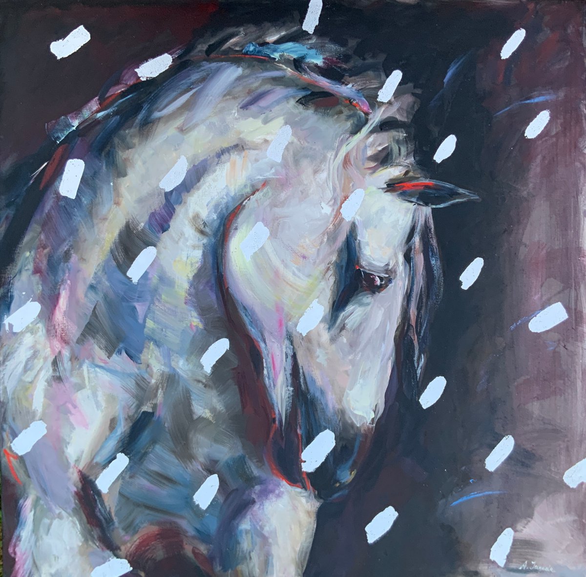 Expressive Animal Oil Painting By Alexandra Jagoda (Ovcharenko), 39 X 39, White Horse Portrait, Original Artwork