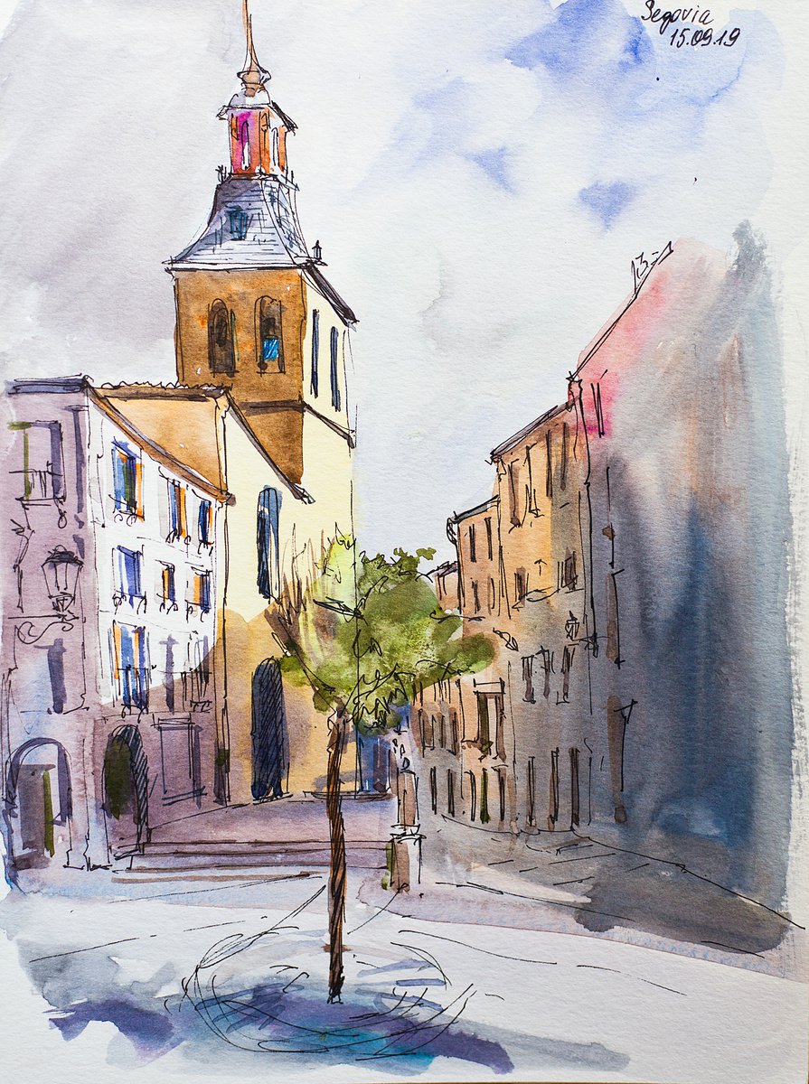 Segovia. Plain air urban sketch of street veiw. WATERCOLOR LANDSCAPE STUDY ARTWORK SMALL C... by Sasha Romm