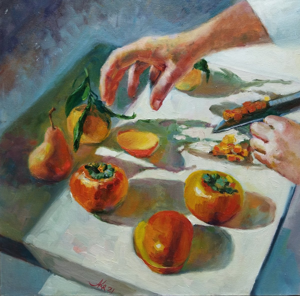 Impressionistic Still Life Oil Painting By Ann Krasikova, 20 X 20, Still Life With Persimmon, Original Artwork