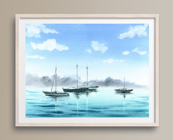 Sailing  boats original artwork, decor for bedroom , medium size, blue colors