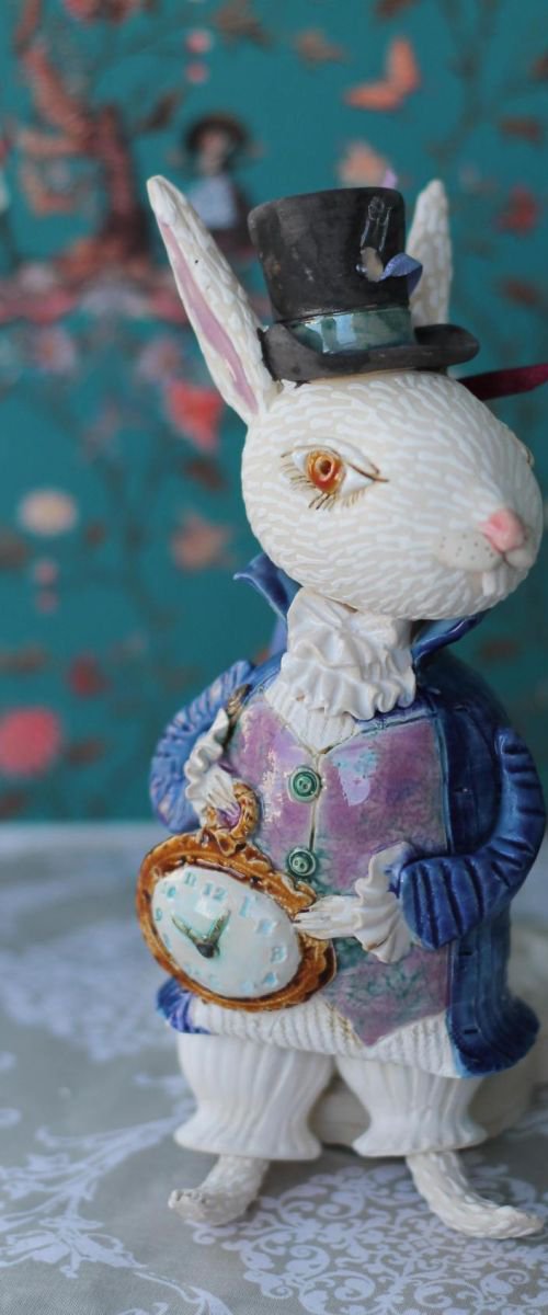 I'm late! I'm late! For a very important date! White Rabbit, hanging sculpture. by Elya Yalonetski