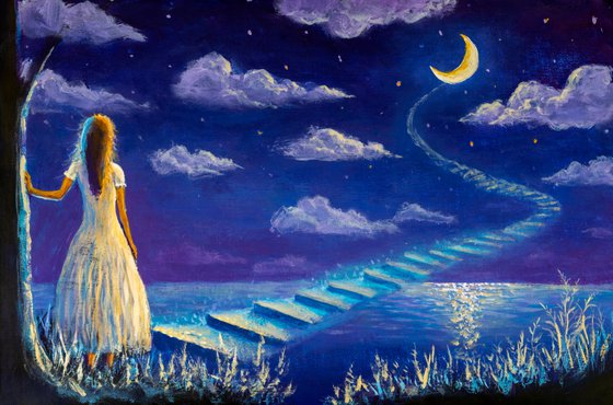 Princess girl climbs magic steps to moon in night seascape