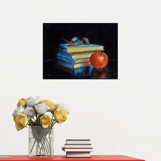 Still life: books and apple. 30x40cm