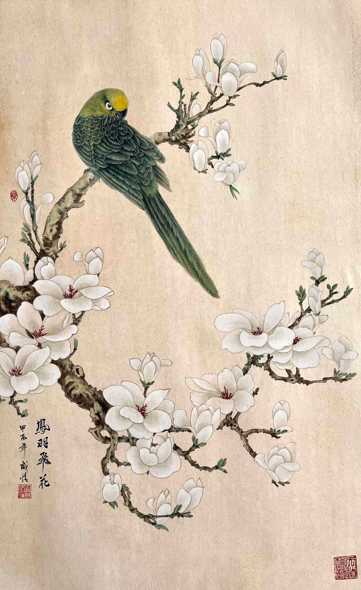 Zen In The Blossoms, Original Gongbi Brush Painting by Fiona Sheng