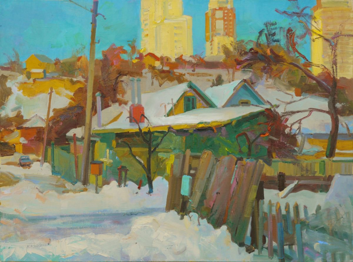 Photorealistic Cityscapes Oil Painting By Victor Onyshchenko, 31 X 24", Houses In The Mousetrap, Original Artwork