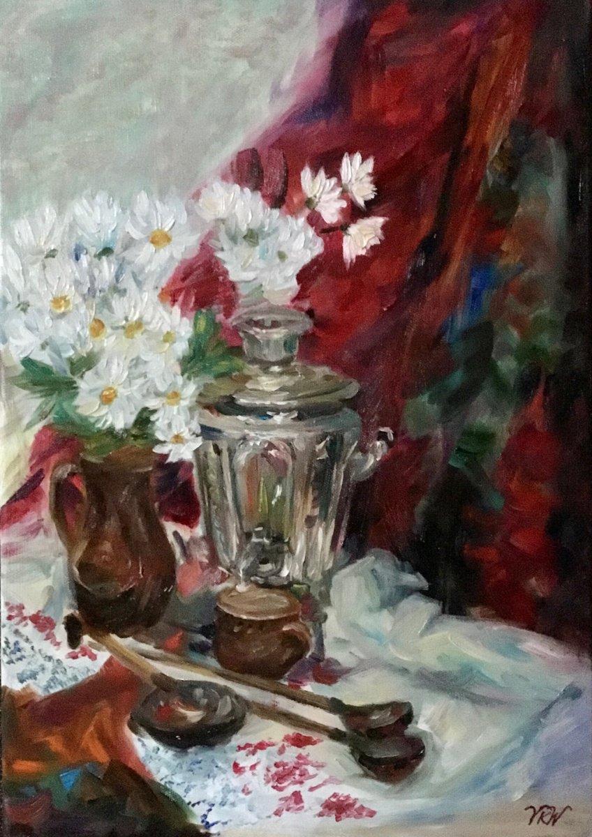 Impressionistic Still Life Oil Painting By Vera Klimova, 14 X 20", Tea Ceremony, Original Artwork