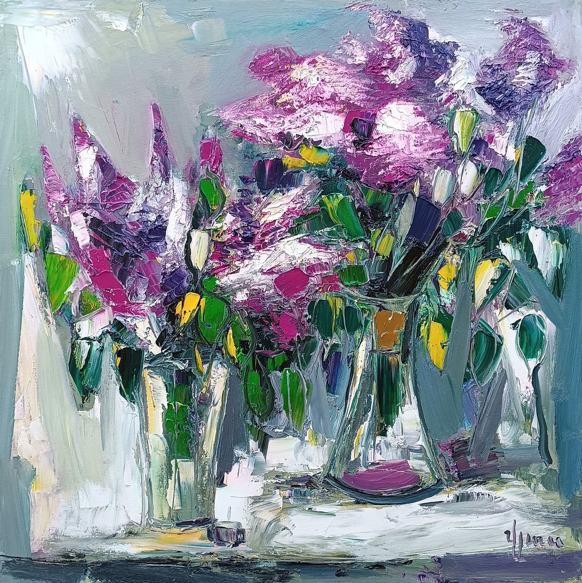 Impressionistic Botanical Oil Painting By Vlas Ayvazyan, 28 X 28", Lilac Arrangement, Original Artwork