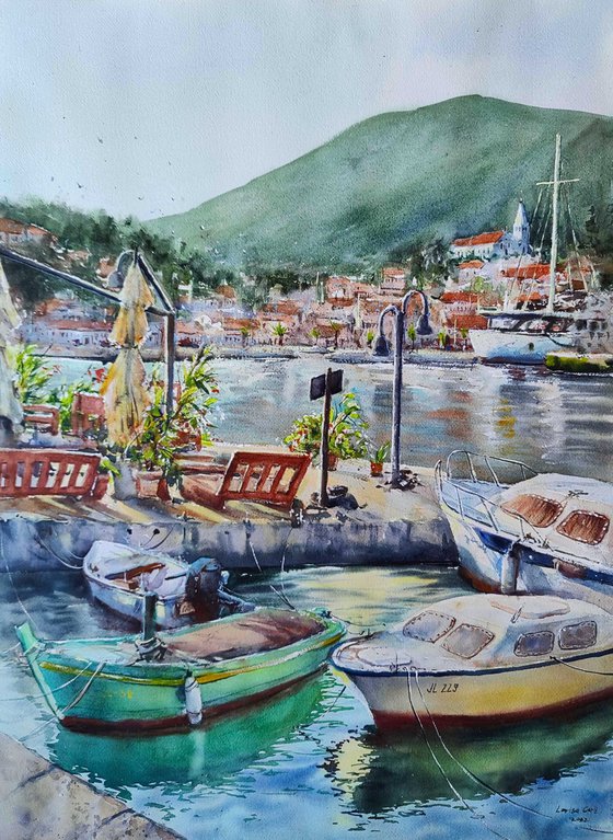 The beautiful port of Jelsa, Hvar | Original watercolor painting (2022) Hand-painted Art Small Artist | Mediterranean Europe Impressionistic