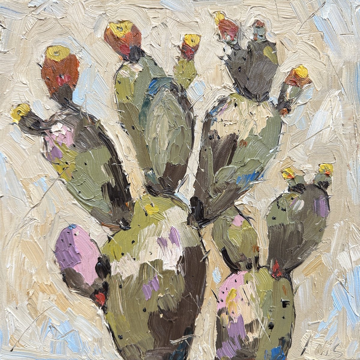 Impressionistic Botanical Oil Painting By Irina Anis, 12 X 12, Cactus With Orange Blossom, Original Artwork