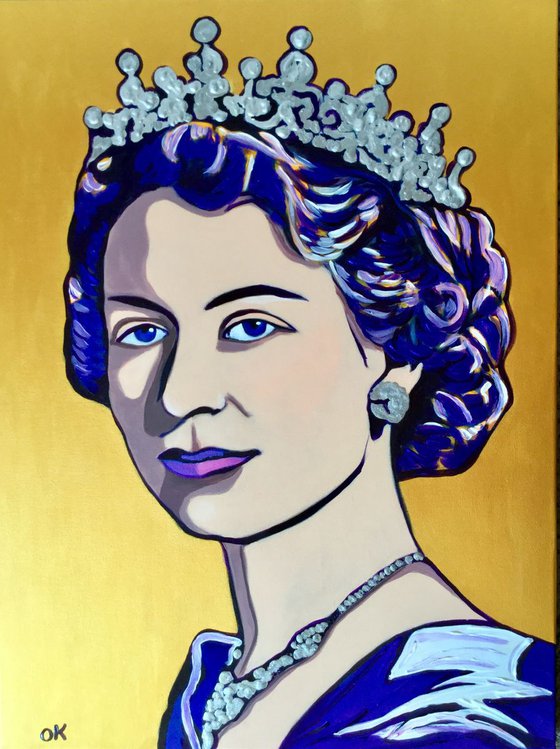 Queen. Portrait.  Acrylic large size painting on golden background