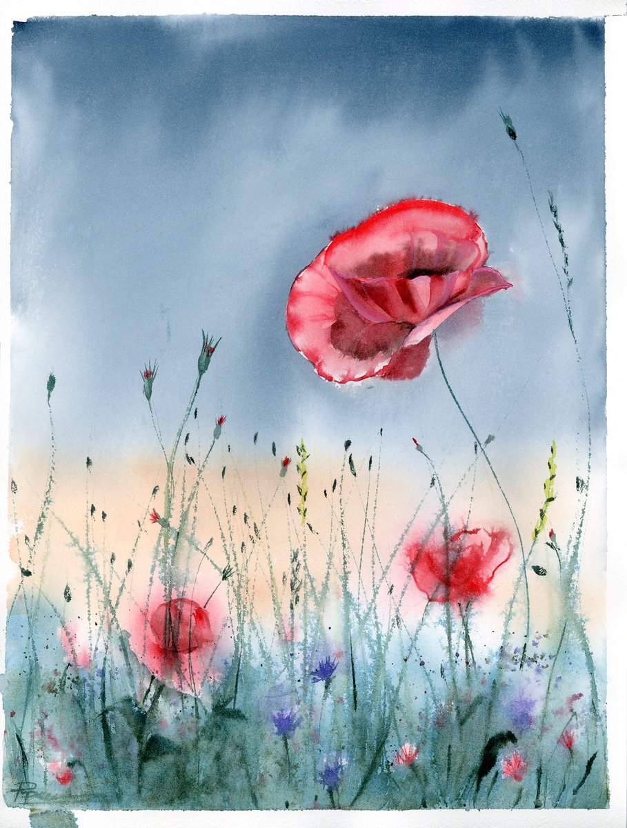 Impressionistic Botanical Watercolour By Olga Tchefranov (Shefranov), 11 X 15", Poppies, Original Artwork