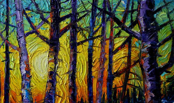 Winter Woodland Sunset Modern Impressionist Palette Knife Oil Painting