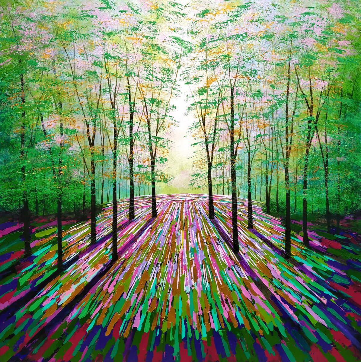 Impressionistic Botanical Acrylic Painting By Amanda Horvath, 30 X 30, Gold And Magenta Wood, Original Artwork
