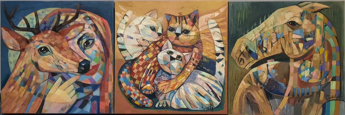 Expressive Animal Oil Painting By Galya Koleva, 47 X 16, Family, Original Artwork