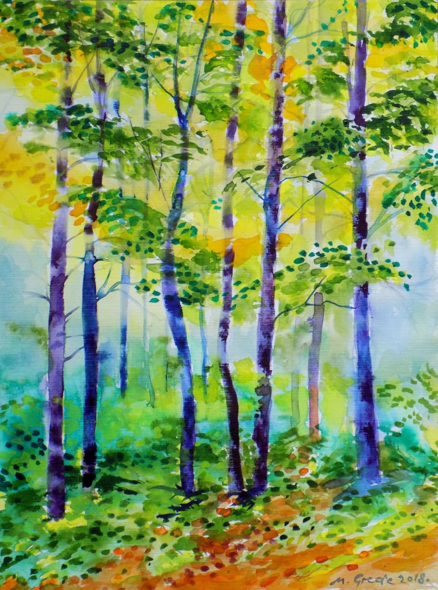 Impressionistic Watercolour , Trees In The Mist By Maja Grecic, 12 X 16, Artwork For Sale On Artfinder