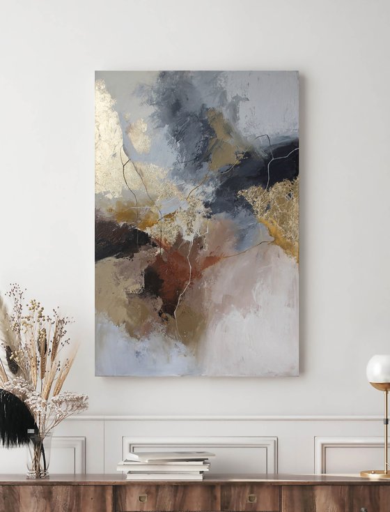 "Rime" Gray brown gold abstract acrylic art
