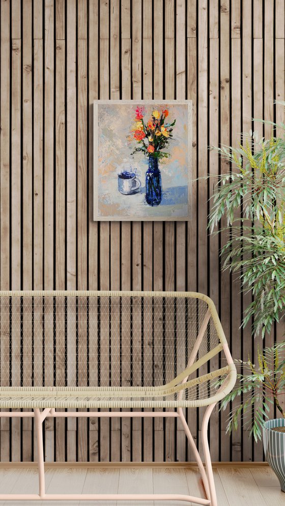 Blue Vessel and Morning Flowers