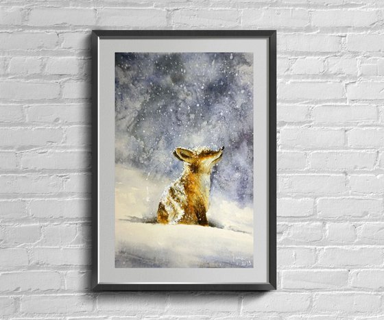White Fox in Snow ORIGINAL Watercolor Painting, Cute Animal Art