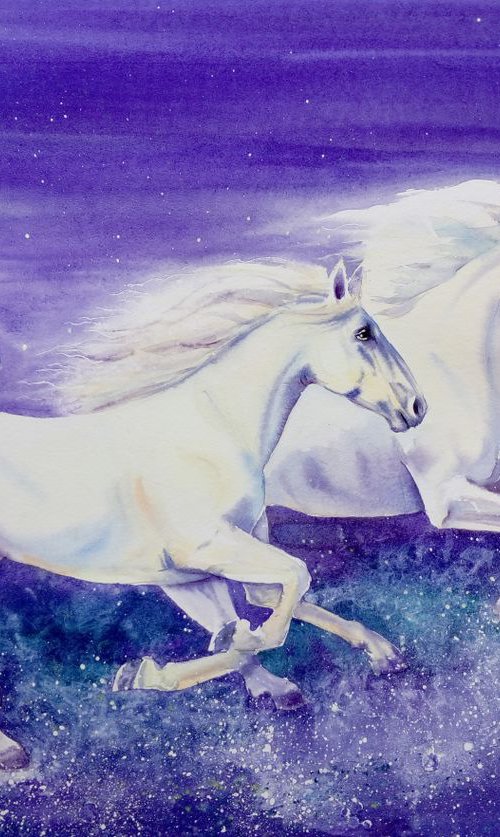 Three White Running Horses by Olga Beliaeva Watercolour