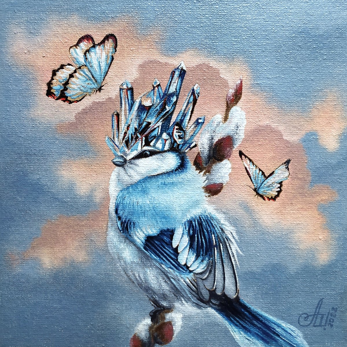 Surrealistic Animal Oil Painting By Anna Shabalova, 9 X 9, Queen Of Spring, Original Artwork