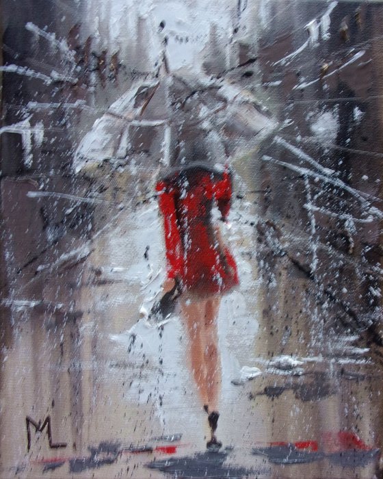 " RAINY OCTOBER ... "   street spring summer original painting CITY palette knife GIFT