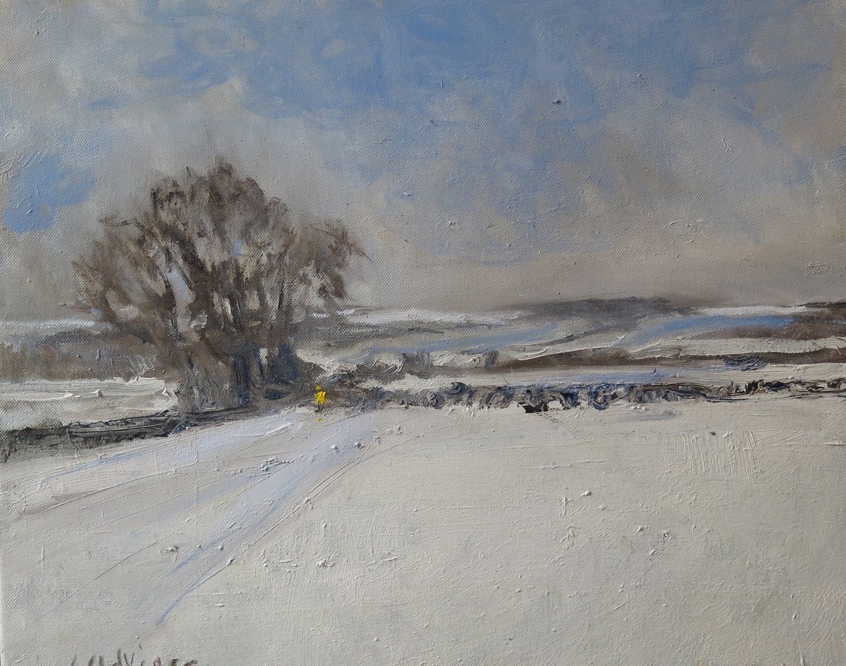 Impressionistic Landscape Oil Painting By Malcolm Ludvigsen, 23 X 19", Snow On The Wolds, Original Artwork