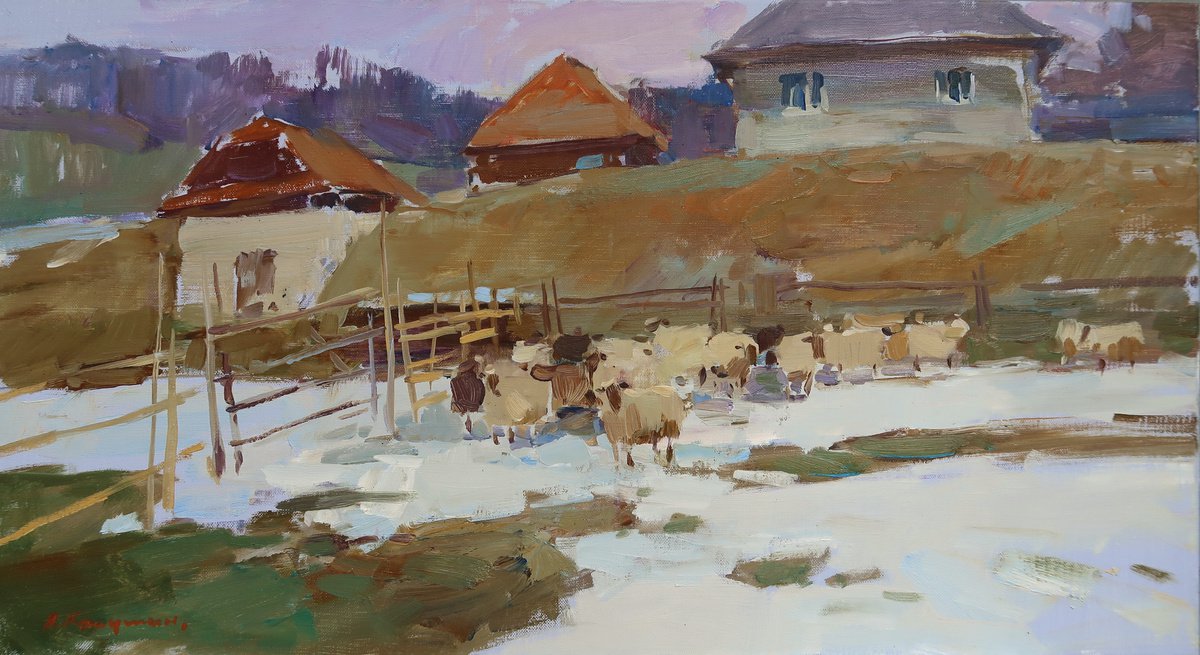 Impressionistic Animal Oil Painting By Aleksandr Kryushyn, 28 X 16, Sheepfold. March, Original Artwork
