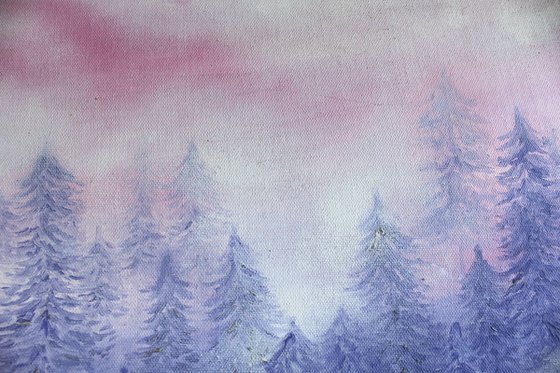 Pink Misty Pine Forest Trees