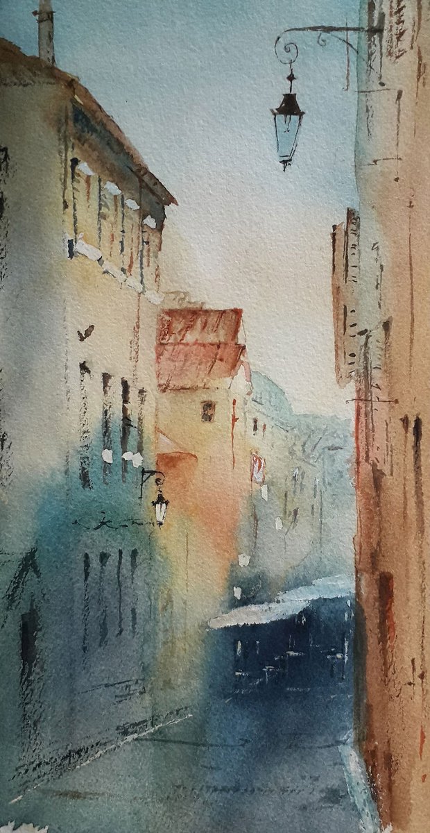 Morning in the old town. Original watercolor painting, handmade. by Elena Bogacheva