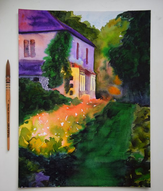 Sunset garden watercolor painting original, evening landscape wall art
