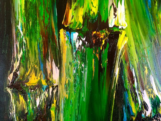 GREEN PORTAL - Set. Modern diptych with a green leaves. Painting with a wood landscape on canvas. Green bamboo oil painting.