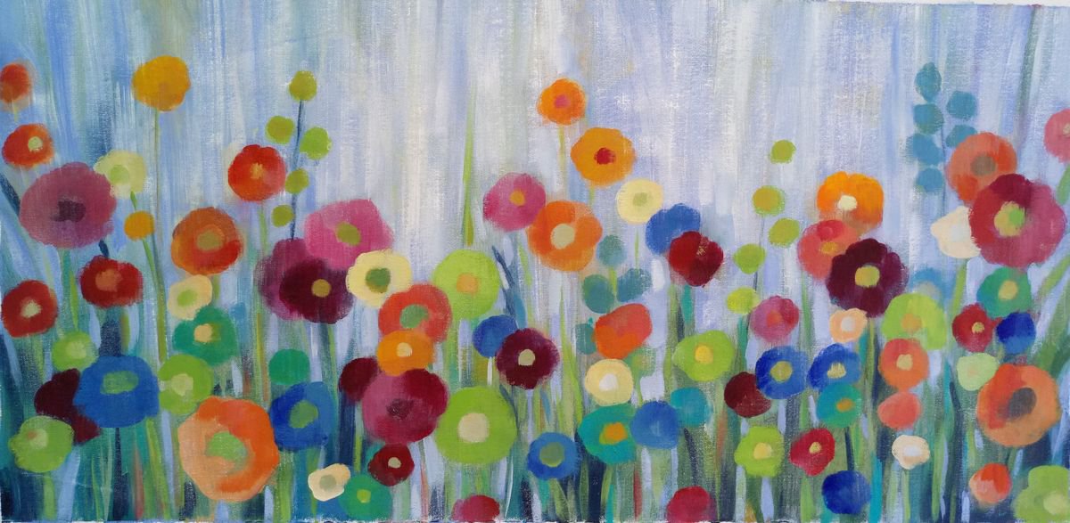 Expressive Botanical Acrylic Painting By Silvia Vassileva, 40 X 20", Peacock Flowers, Original Artwork