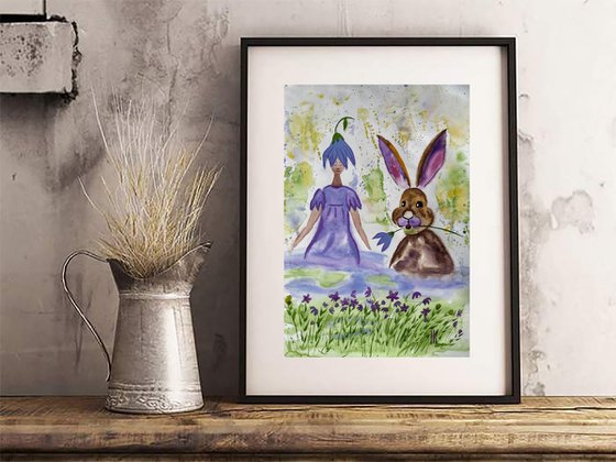 Bunny & Girl Original Watercolor Painting