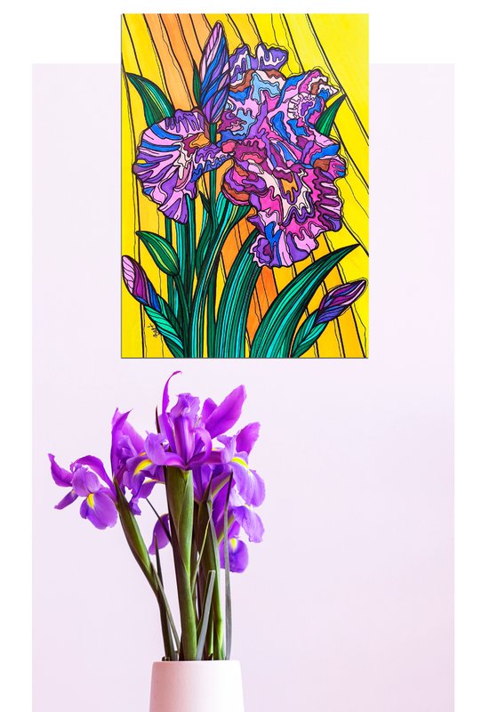 Irises - purple lilac yellow abstract flowers in stained glass cubism style