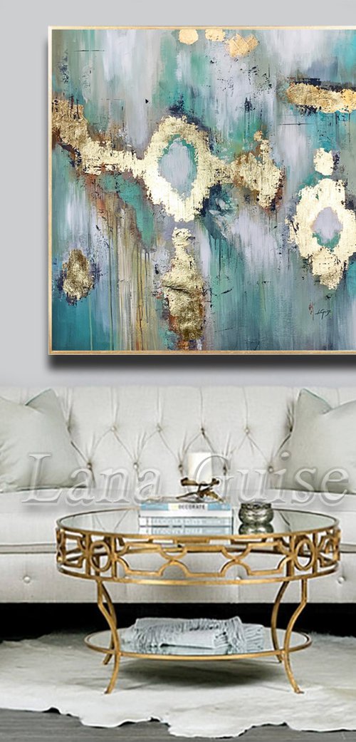 Enigma - Teal Gold White Creme Abstract Painting, Square Painting 36" Large Canvas, Gold Leaf, Minimalist Painting, Living Room Painting by Lana Guise