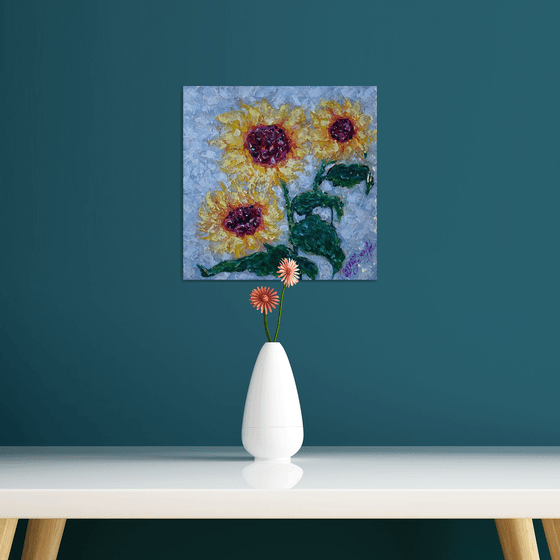 Sunflowers Painting Mixed Media Palette Knife Original Painting Modern Wall Artwork