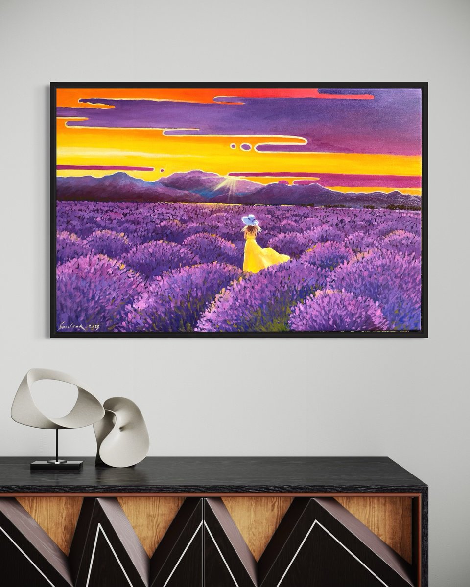 Impressionistic Landscape Oil Painting By Volodymyr Smoliak, 35 X 24", Lonely Woman In Lavender Field, Original Artwork