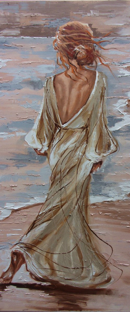 "  ON THE BEACH ... " for V. 100X70CM original painting SEA SPRING palette knife GIFT by Monika Luniak
