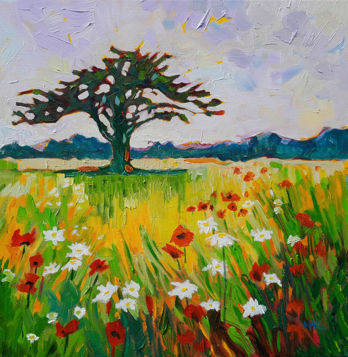 Impressionistic Landscape Oil Painting By Mary Kemp, 12 X 12", Poppies, Daisies, Tree, Original Artwork