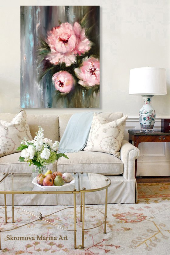 ROYAL PEONY - Abstract peonies. Garden flowers. Large buds. Macro flowers. Pale pink petals. Bouquet. Twilight. Haze.