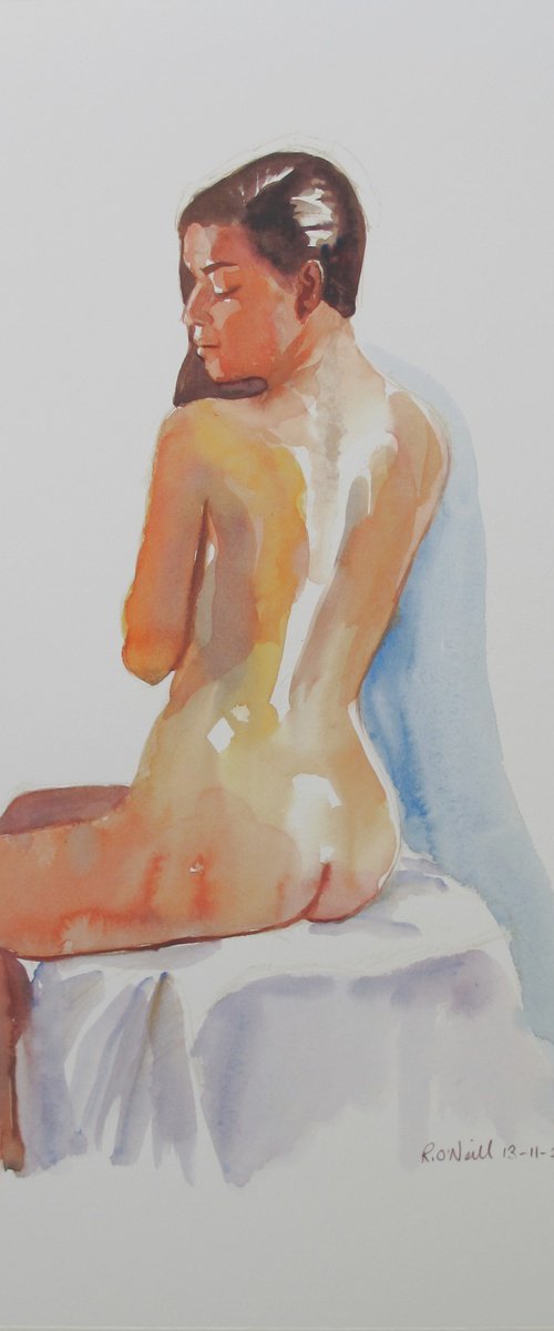 Seated female nude back study by Rory O’Neill