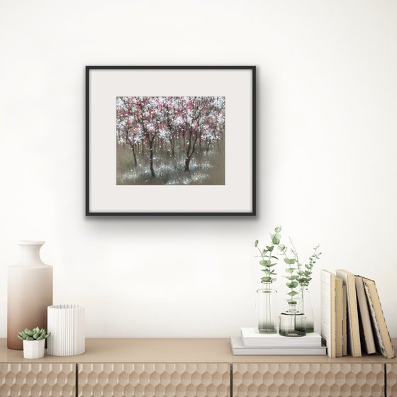 Spring peach garden. One of a kind, original painting, handmade work, gift.