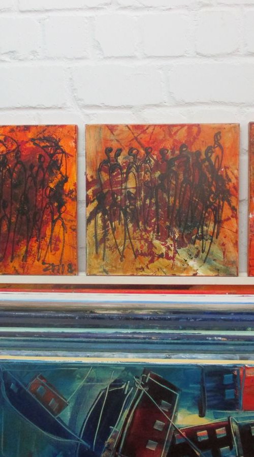 abstract people burning red 3 x  15,7 x 15,7 inch by Sonja Zeltner-Müller