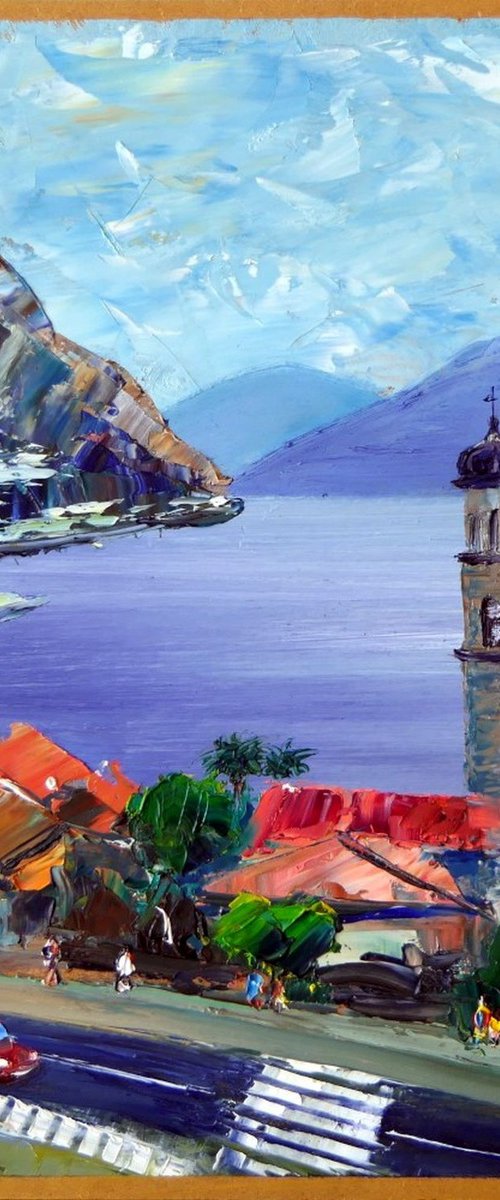 Limone before Rain on Garda Lake, Italy Landscape, Small Oil Painting by Ion Sheremet